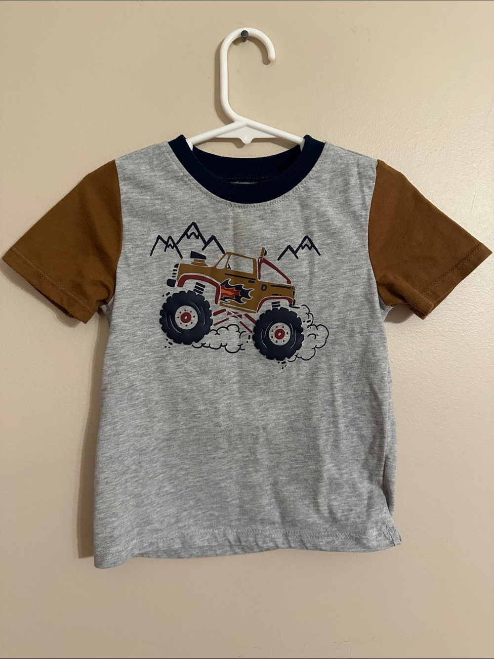 Garanimals Gray Tee with Brown Sleeves and Navy Trim, Monster Truck Graphic